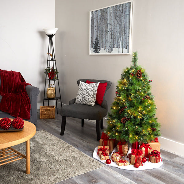 4’ Montana Mixed Pine Artificial Christmas Tree with Pine Cones, Berries and 150 Clear LED Lights