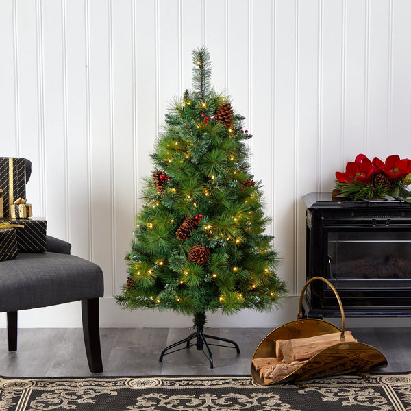 4’ Montana Mixed Pine Artificial Christmas Tree with Pine Cones, Berries and 150 Clear LED Lights