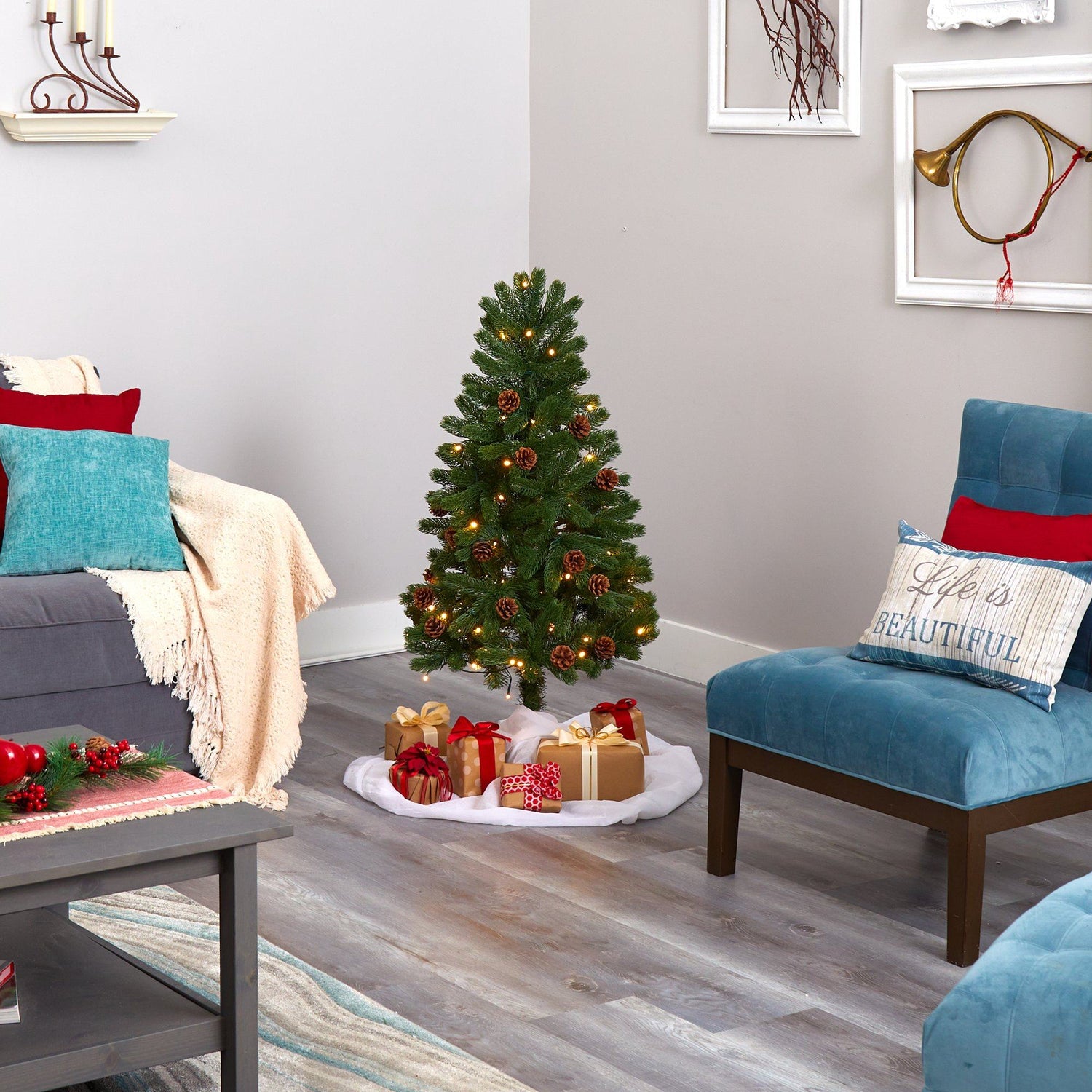 4' Rocky Mountain Spruce Artificial Christmas Tree with Pinecones and 70 Warm White LED Lights