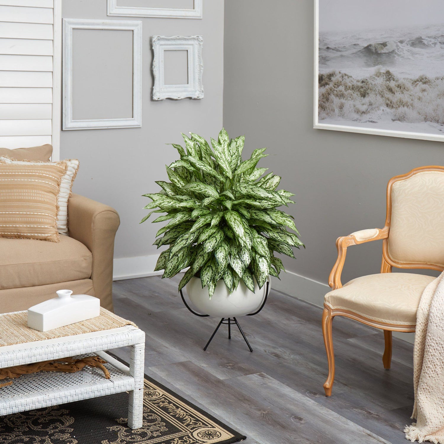 4’ Silver Queen Artificial Plant in White Planter with Metal Stand