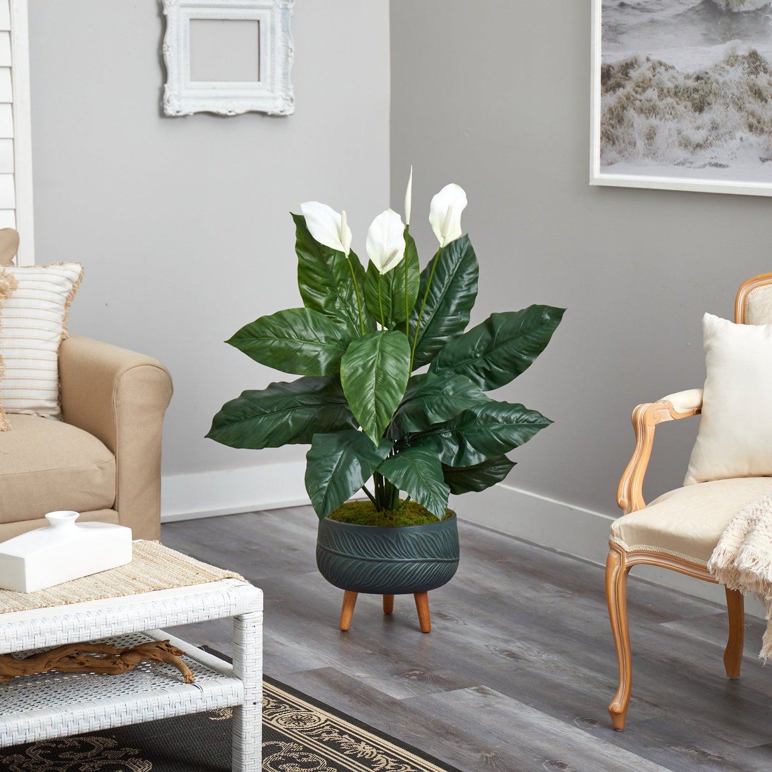 4’ Spathiphyllum Artificial Plant in Black Planter with Stand