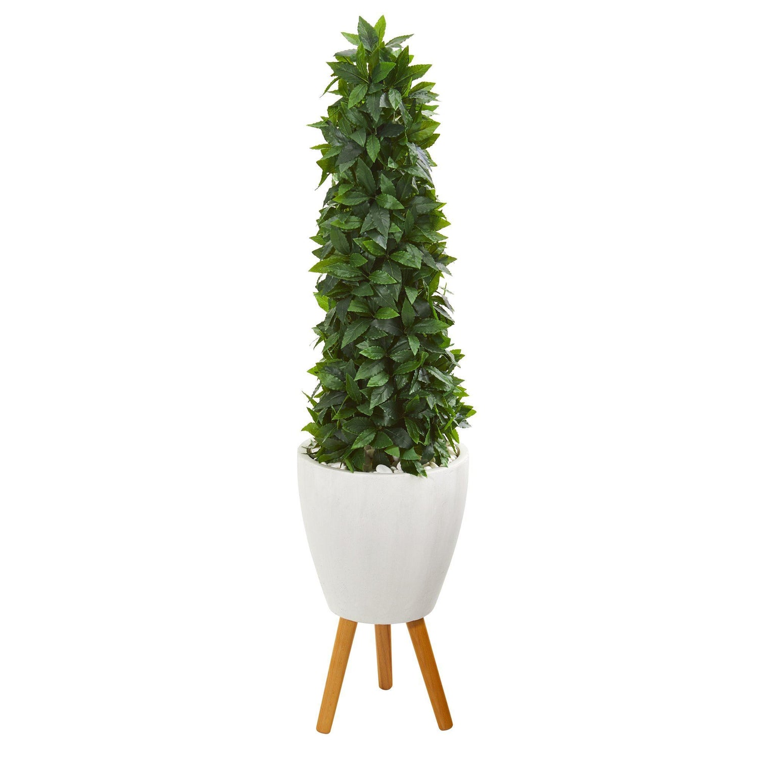4’ Sweet Bay Cone Topiary Artificial Tree in White Planter with Stand