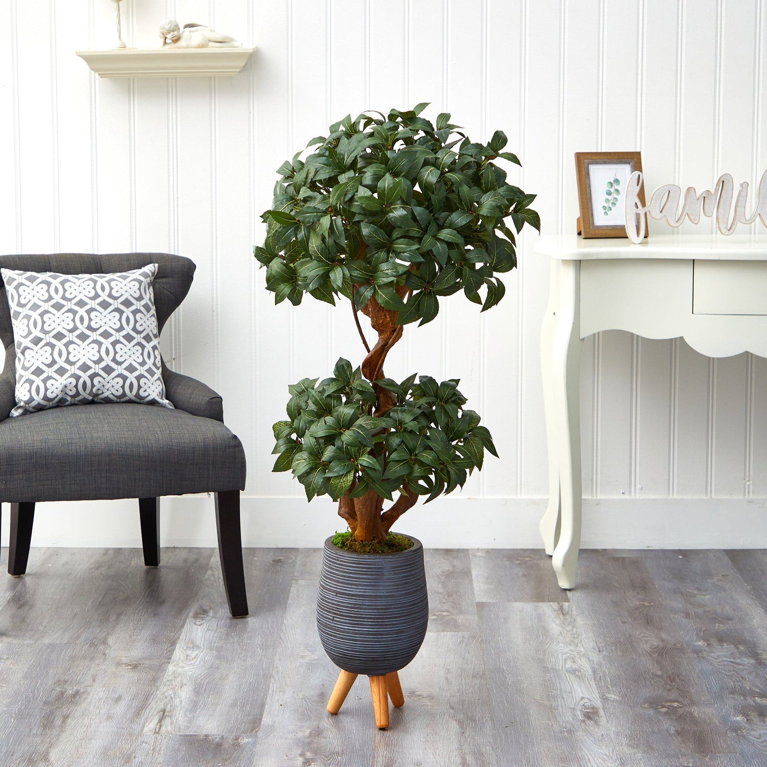 4’ Sweet Bay Double Ball Topiary Artificial Tree in Gray Planter with Stand