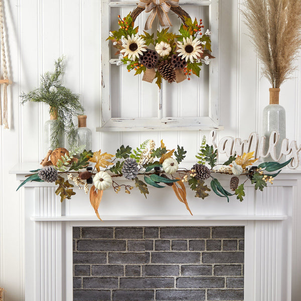 4’ White Pumpkin, Pinecones and Berries Artificial Autumn Garland