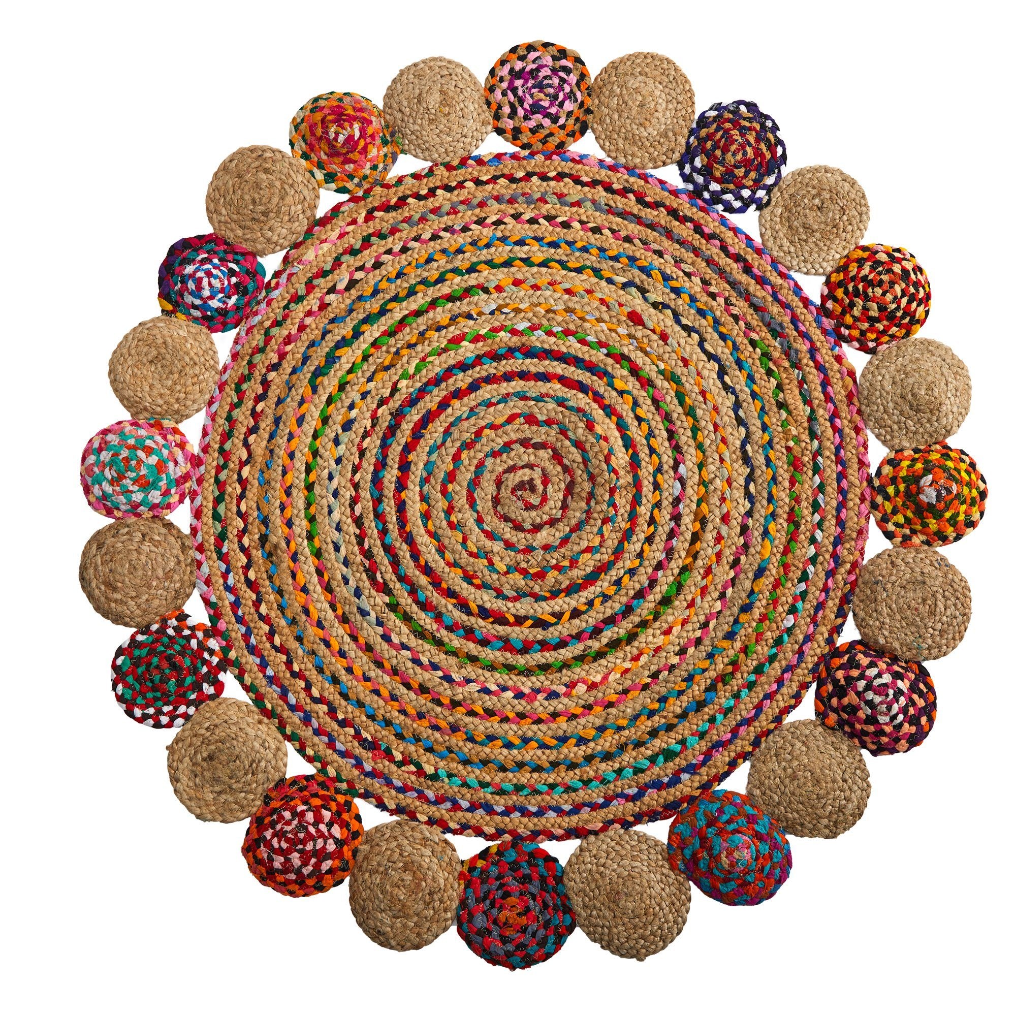 4’ x 4’ Hand Braided Colorful Chindi Jute Mandala Round Rug Nearly