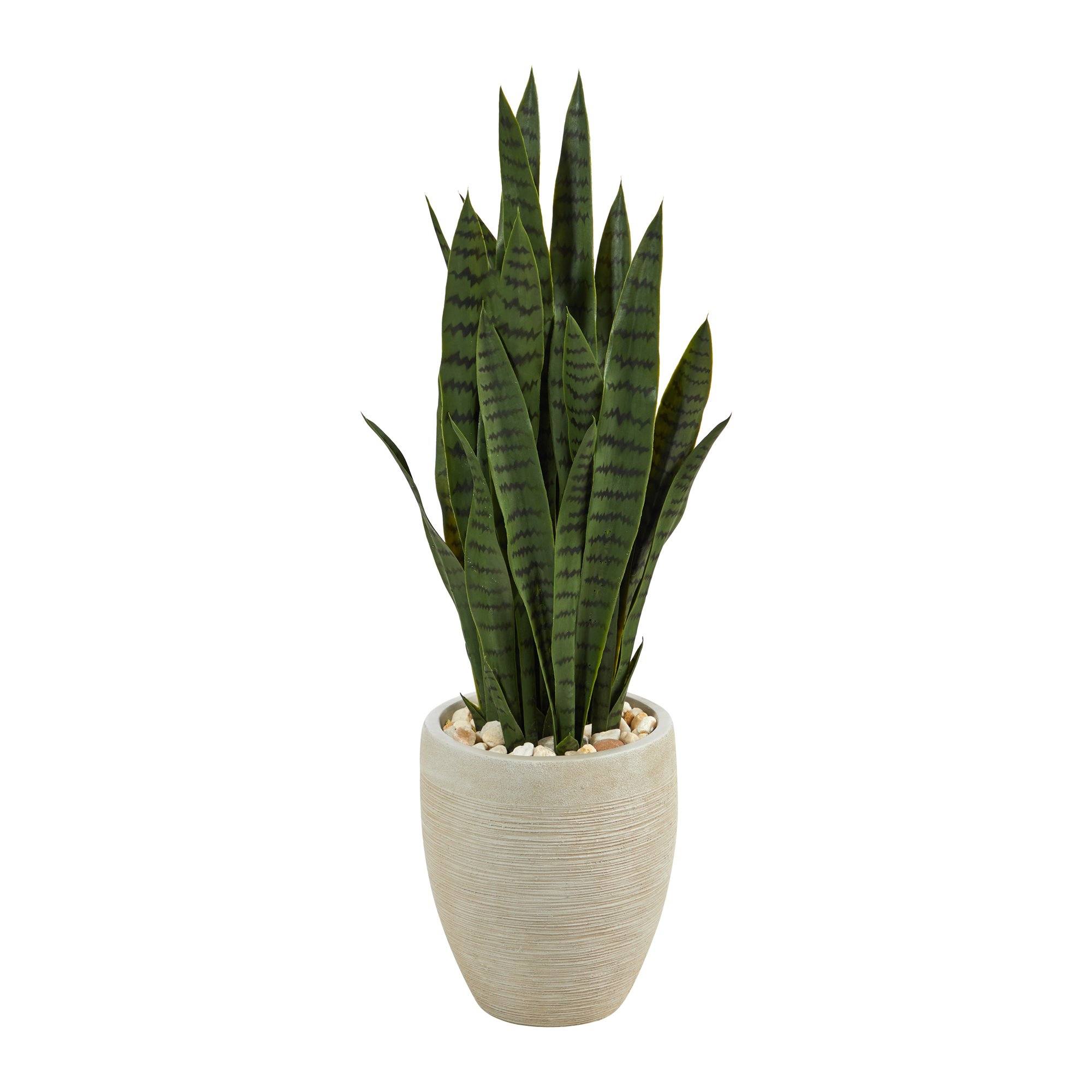 colorful snake plant Nearly Natural 40in. Sansevieria Artificial Plant in Sand Colored Planter