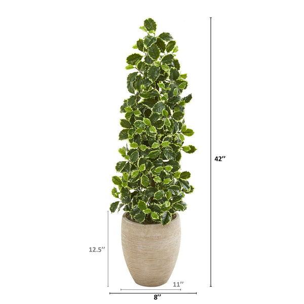 42” Variegated Holly Leaf Artificial Tree in Sand Colored Planter (Real Touch)