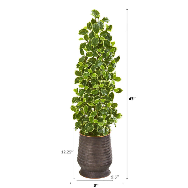 43” Variegated Holly Leaf Artificial Tree in Ribbed Metal Planter (Real Touch)