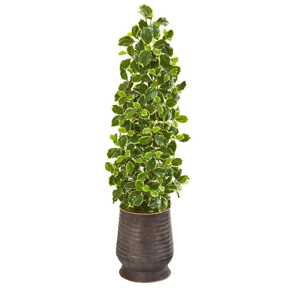 43” Variegated Holly Leaf Artificial Tree in Ribbed Metal Planter (Real Touch)