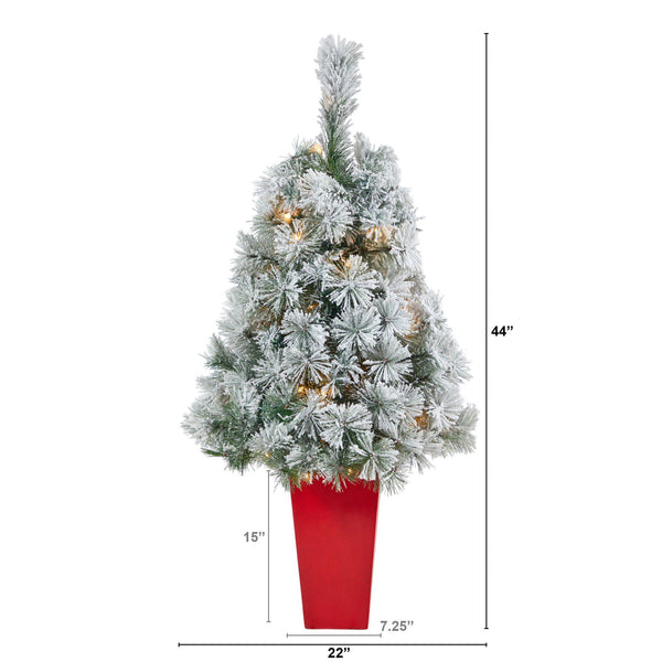 44” Flocked Oregon Pine Artificial Christmas Tree with 50 Clear Lights and 113 Bendable Branches in Red Tower Planter