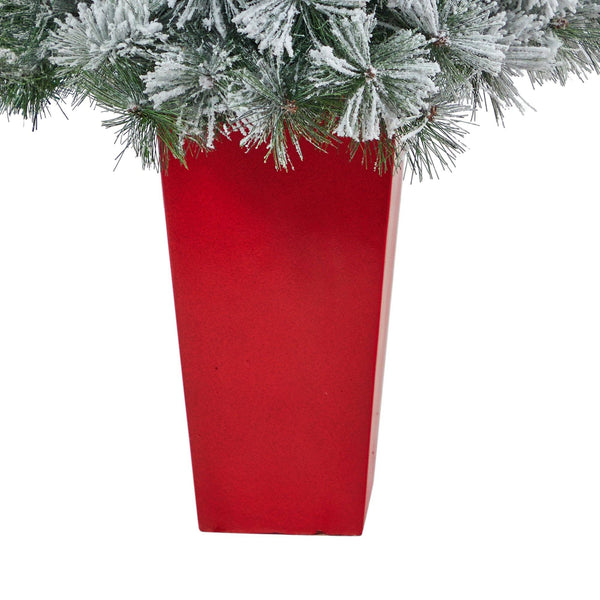 44” Flocked Oregon Pine Artificial Christmas Tree with 50 Clear Lights and 113 Bendable Branches in Red Tower Planter