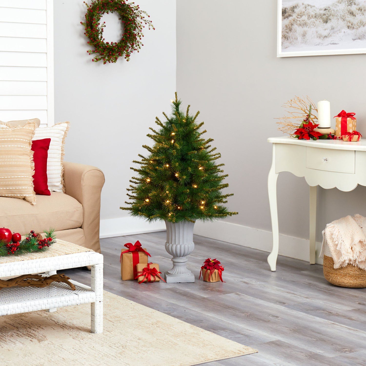 44” New England Pine Artificial Christmas Tree with 50 Clear Lights and 117 Bendable Branches in Decorative Urn