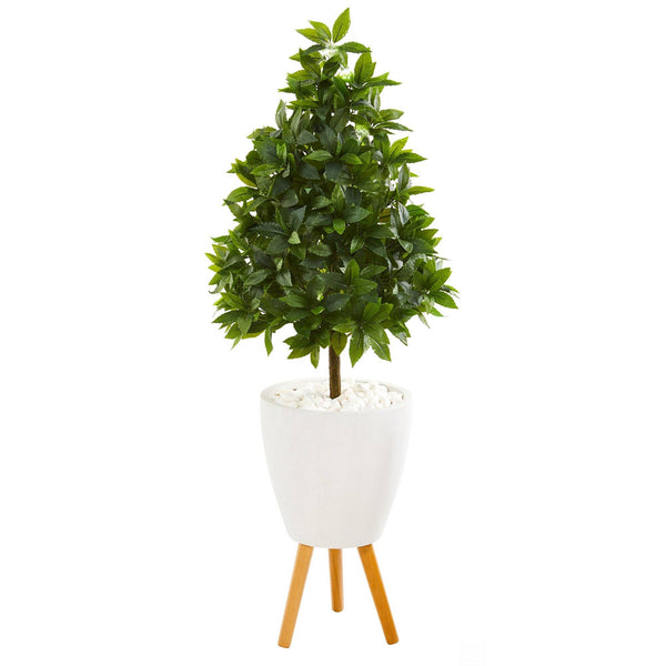 44” Sweet Bay Cone Topiary Artificial Tree in White Planter with Stand