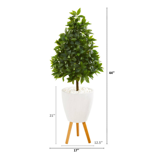 44” Sweet Bay Cone Topiary Artificial Tree in White Planter with Stand