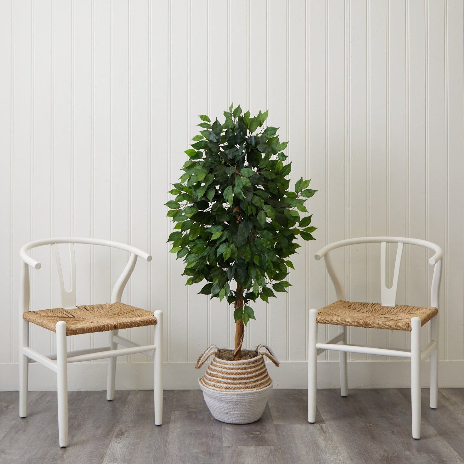 4.5' Artificial Ficus Tree with Double Trunk in a Handmade Cotton & Jute Basket DIY KIT