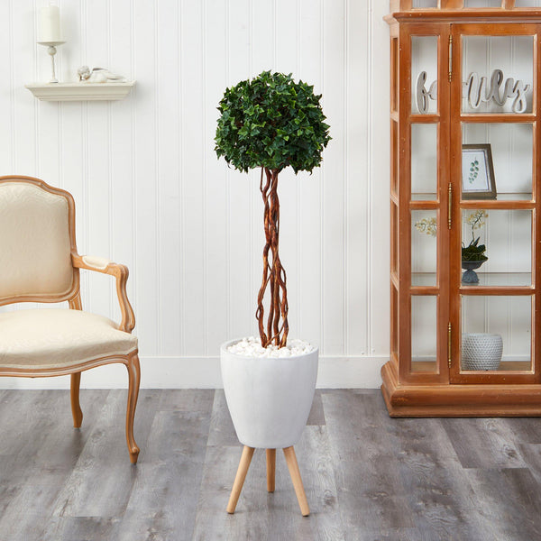 4.5’ English Ivy Topiary Single Ball Artificial Tree in White Planter with Stand (Indoor/Outdoor)