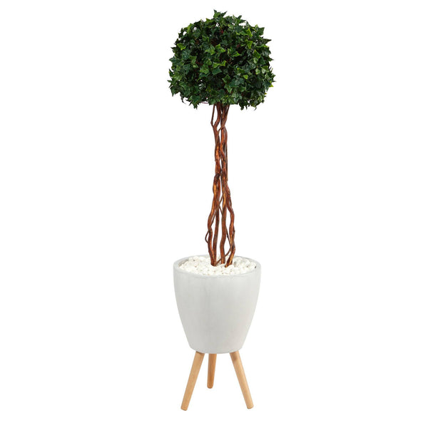 4.5’ English Ivy Topiary Single Ball Artificial Tree in White Planter with Stand (Indoor/Outdoor)