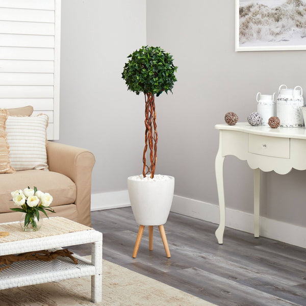 4.5’ English Ivy Topiary Single Ball Artificial Tree in White Planter with Stand (Indoor/Outdoor)