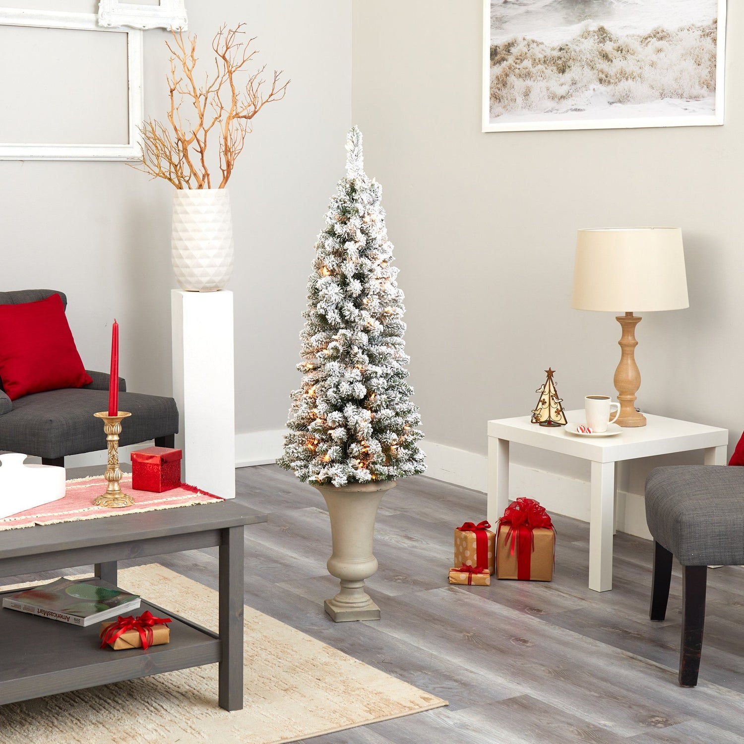 4.5’ Flocked Pencil Artificial Christmas Tree with 100 Clear Lights and 216 Bendable Branches in Sand Colored Urn