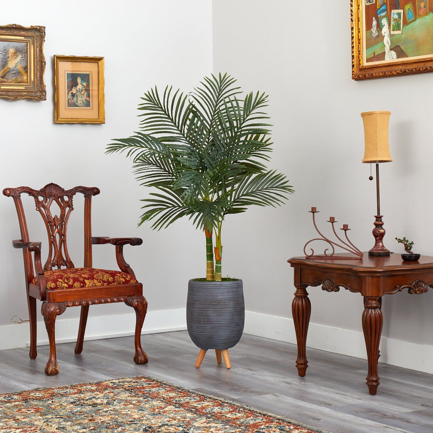 4.5’ Golden Cane Artificial Palm Tree in Gray Tri-Pod Planter