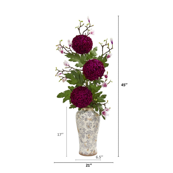 45” Magnolia and Mum Artificial Arrangement in Floral Vase