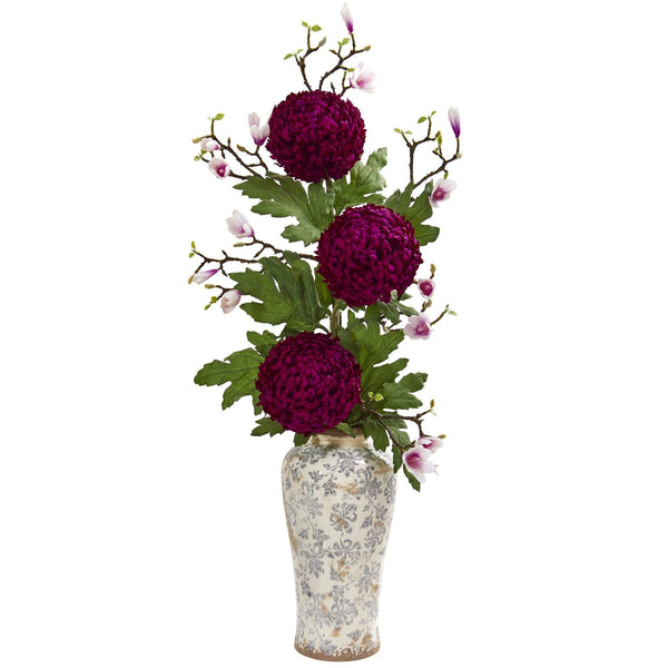 45” Magnolia and Mum Artificial Arrangement in Floral Vase