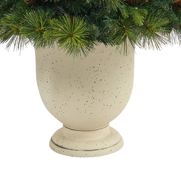 4.5’ North Carolina Mixed Pine Artificial Christmas Tree with 130 Warm White LED Lights, 459 Bendable Branches and Pinecones in Decorative Urn