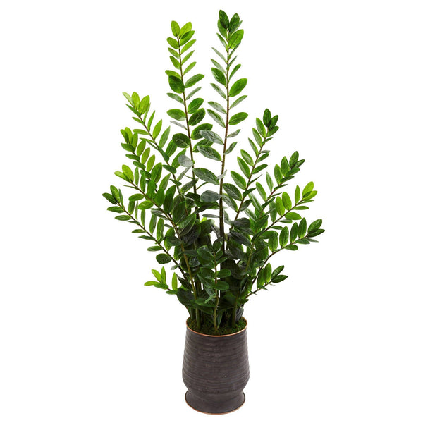 4.5’ Zamioculcas Artificial Plant in Ribbed Metal Planter