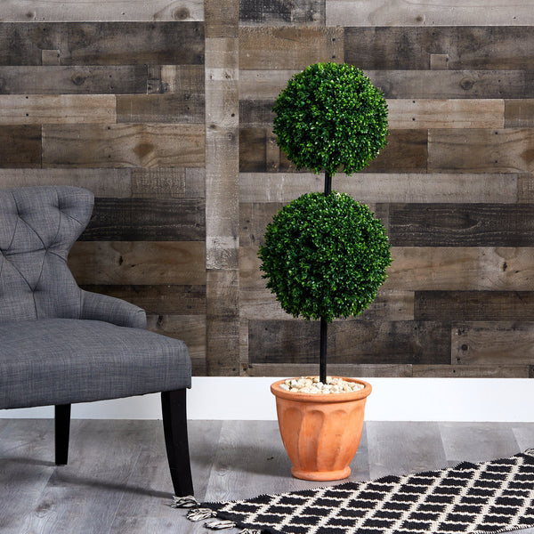 46” Boxwood Double Ball Artificial Topiary Tree in Terra-Cotta Planter (Indoor/Outdoor)