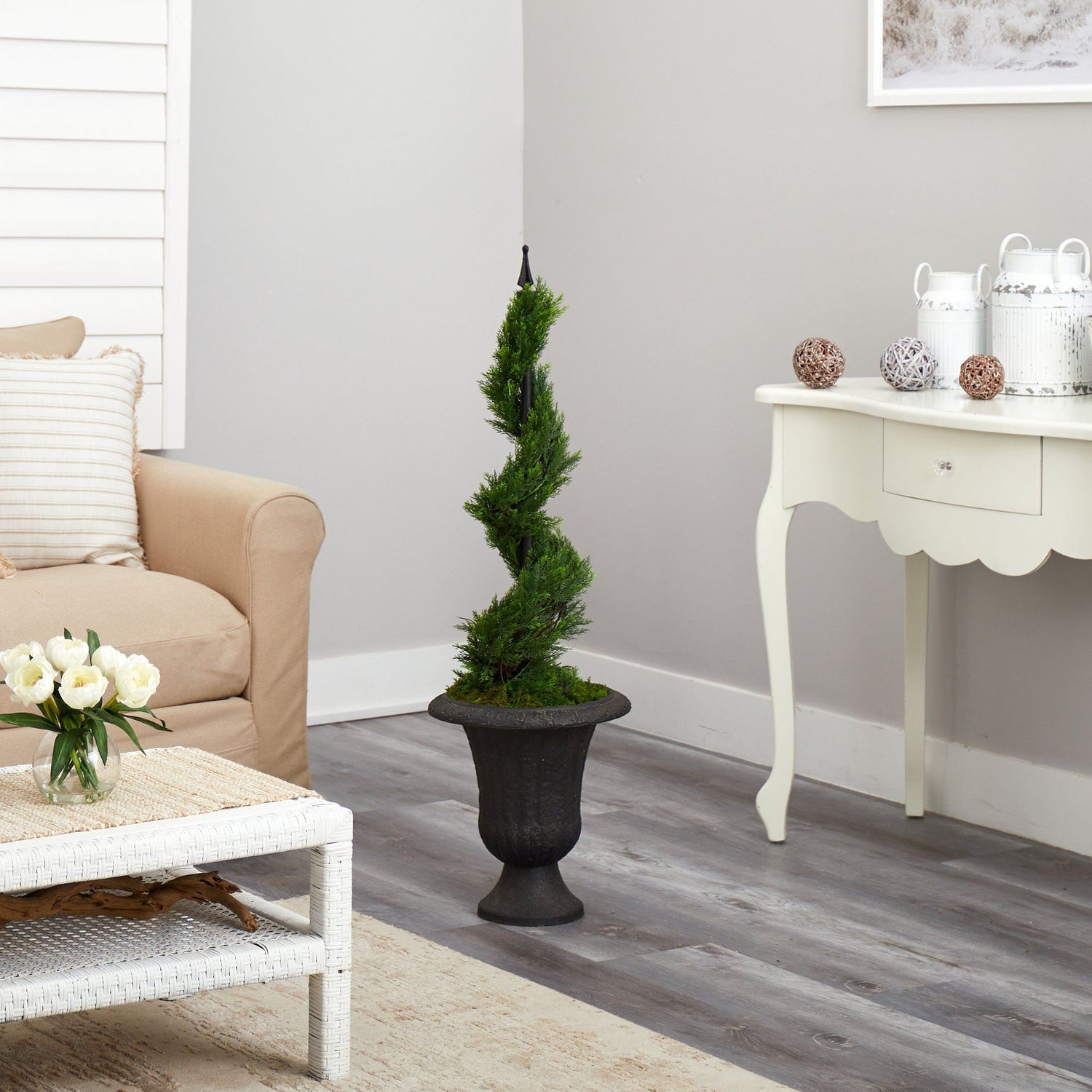 46” Cypress Spiral Topiary Artificial Tree in Charcoal Urn