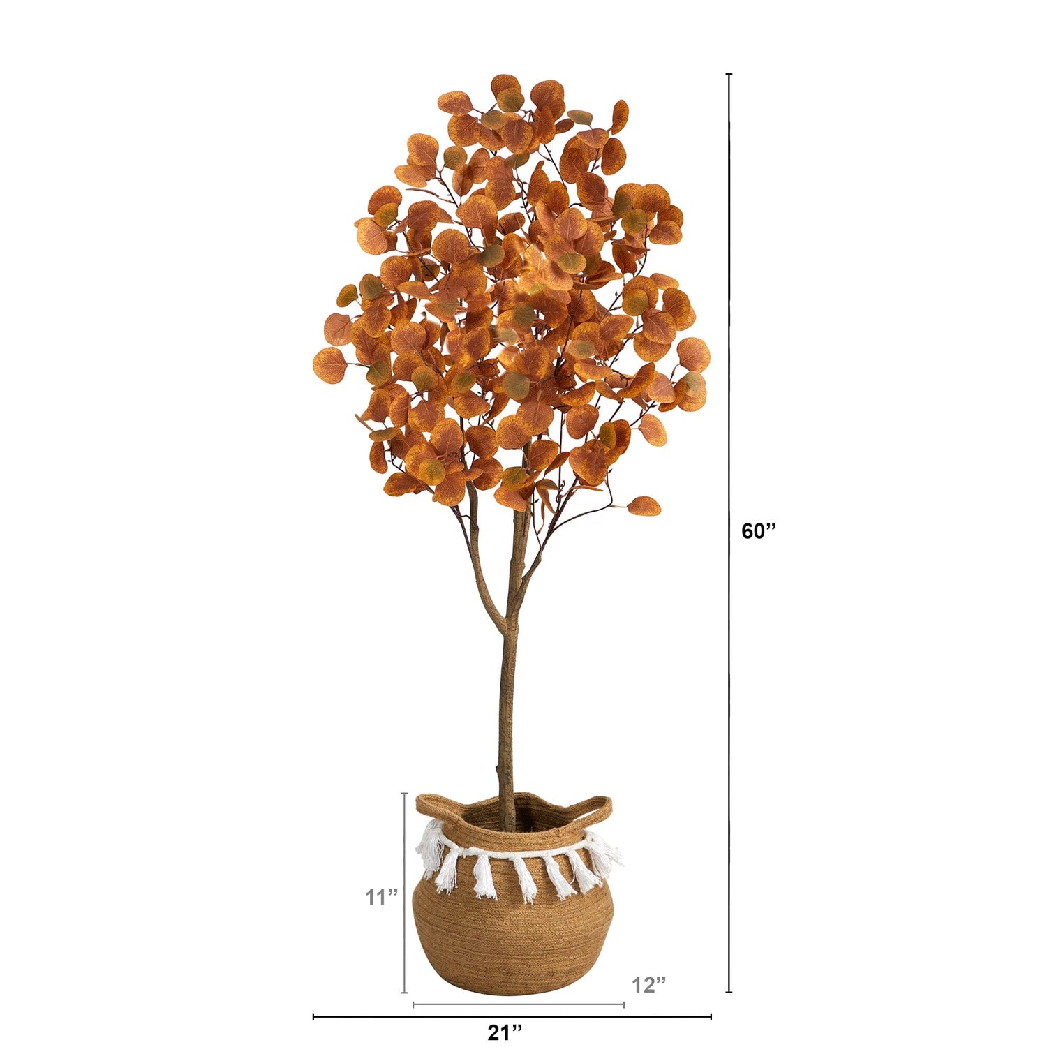 5’ Artificial Autumn Eucalyptus Tree with Handmade Jute & Cotton Basket with Tassels