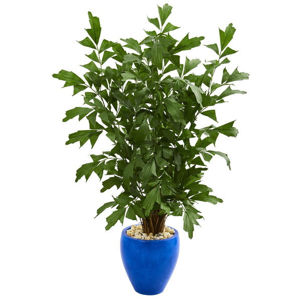 5’ Fishtail Palm Artificial Tree in Glazed Blue Planter
