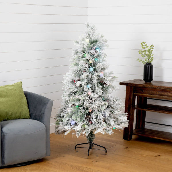 5' Flocked Pre-Lit Fiber Optic Artificial Pinecone Christmas Tree with 50 Colorful LED Lights