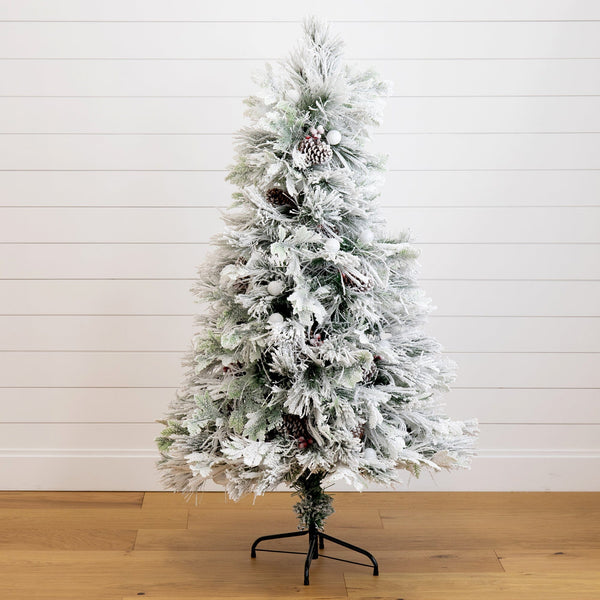 5' Flocked Pre-Lit Fiber Optic Artificial Pinecone Christmas Tree with 50 Colorful LED Lights
