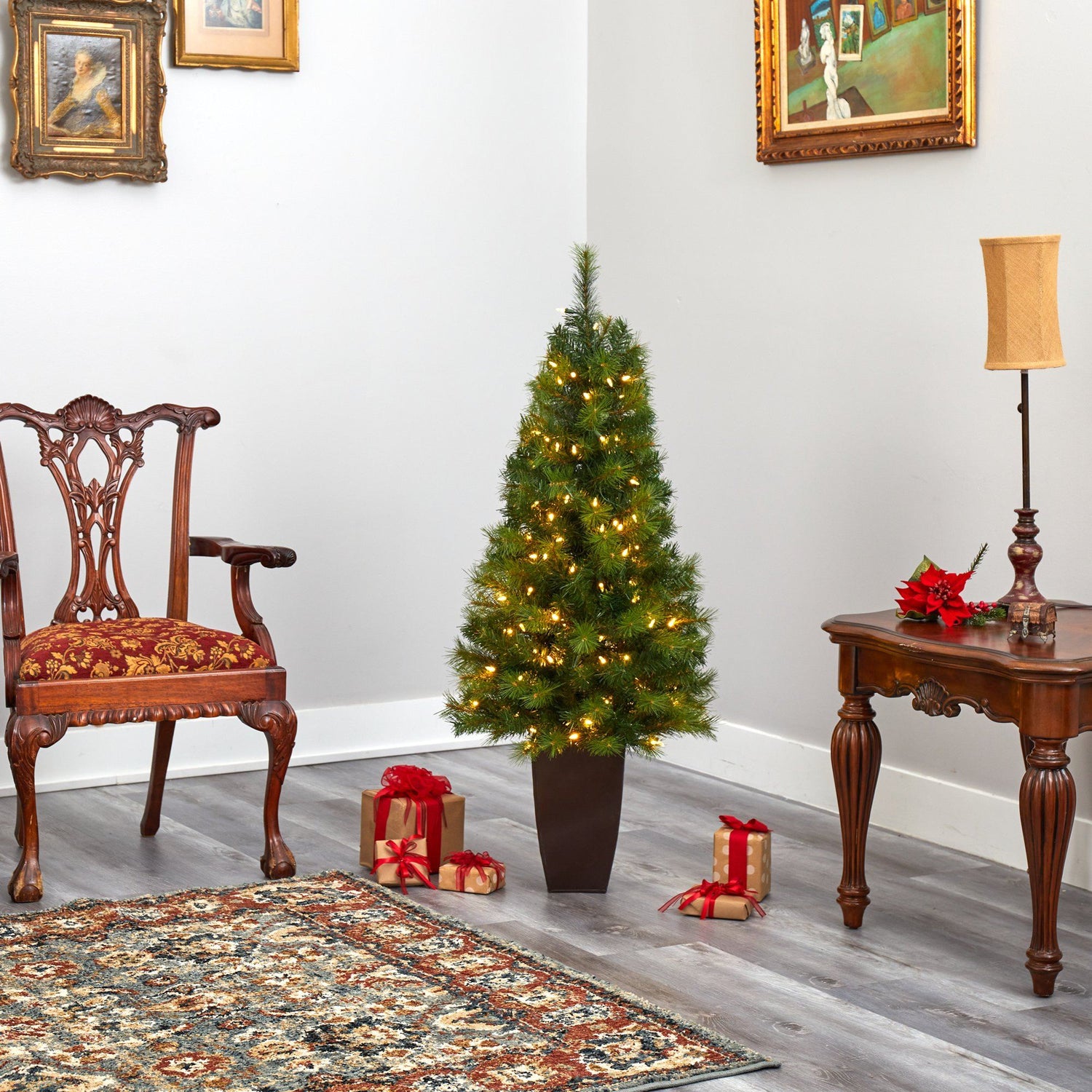 5’ Green Valley Pine Artificial Christmas Tree with 100 Warm White LED Lights and 201 Bendable Branches in Bronze Metal Planter