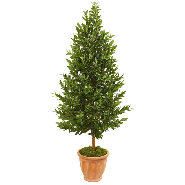 5’ Olive Cone Topiary Artificial Tree in Terra Cotta Planter (Indoor/Outdoor)
