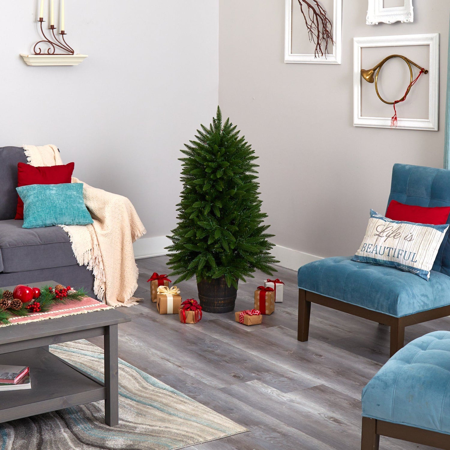 5' Sierra Fir Artificial Christmas Tree with 200 Multicolored Lights and 428 Bendable Branches in Decorative Container