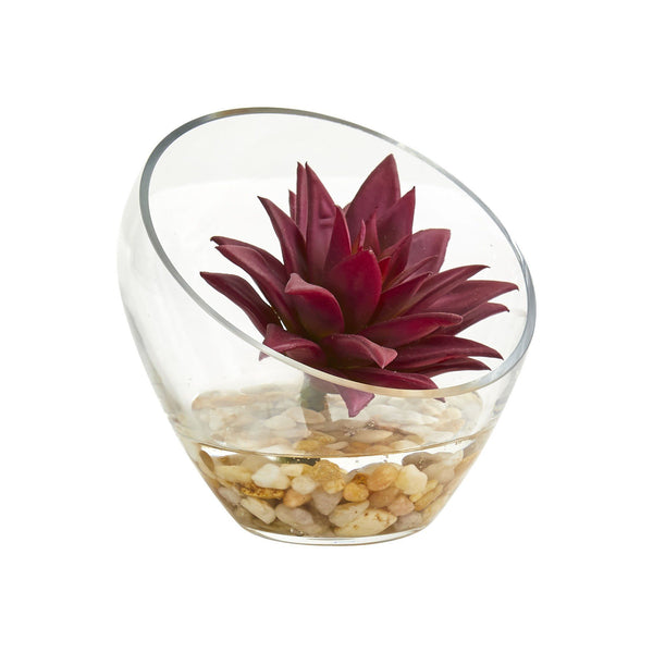 5" Succulent Artificial Plant in Slanted Glass Vase (Set of 2)"