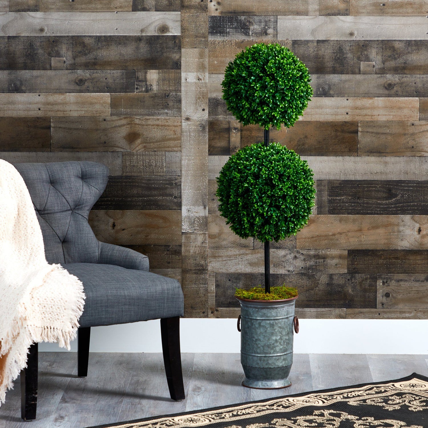 50” Boxwood Double Ball Artificial Topiary Tree in Vintage Metal Planter  (Indoor/Outdoor)