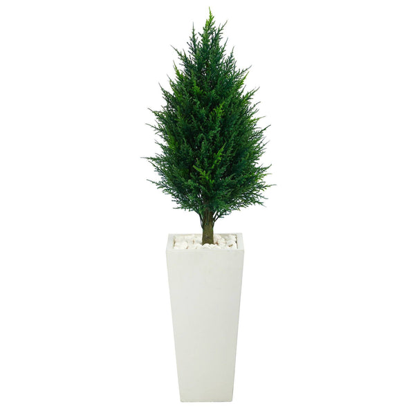 50” Cypress Tower Artificial Tree in Tall White Planter (Indoor/Outdoor)