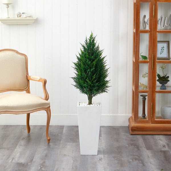 50” Cypress Tower Artificial Tree in Tall White Planter (Indoor/Outdoor)