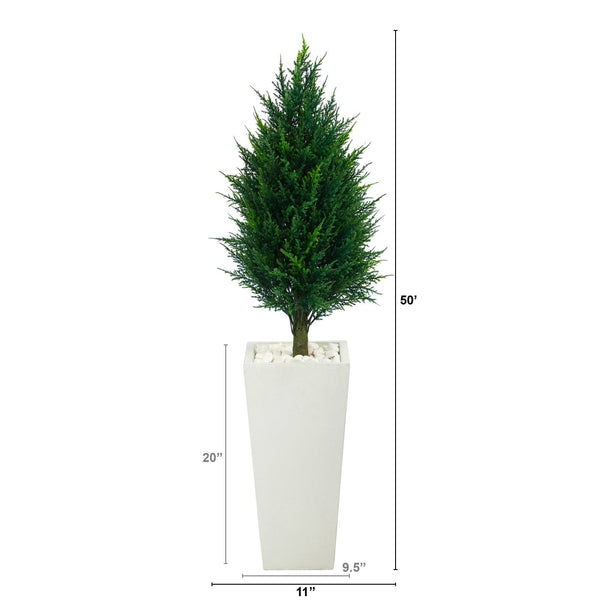 50” Cypress Tower Artificial Tree in Tall White Planter (Indoor/Outdoor)