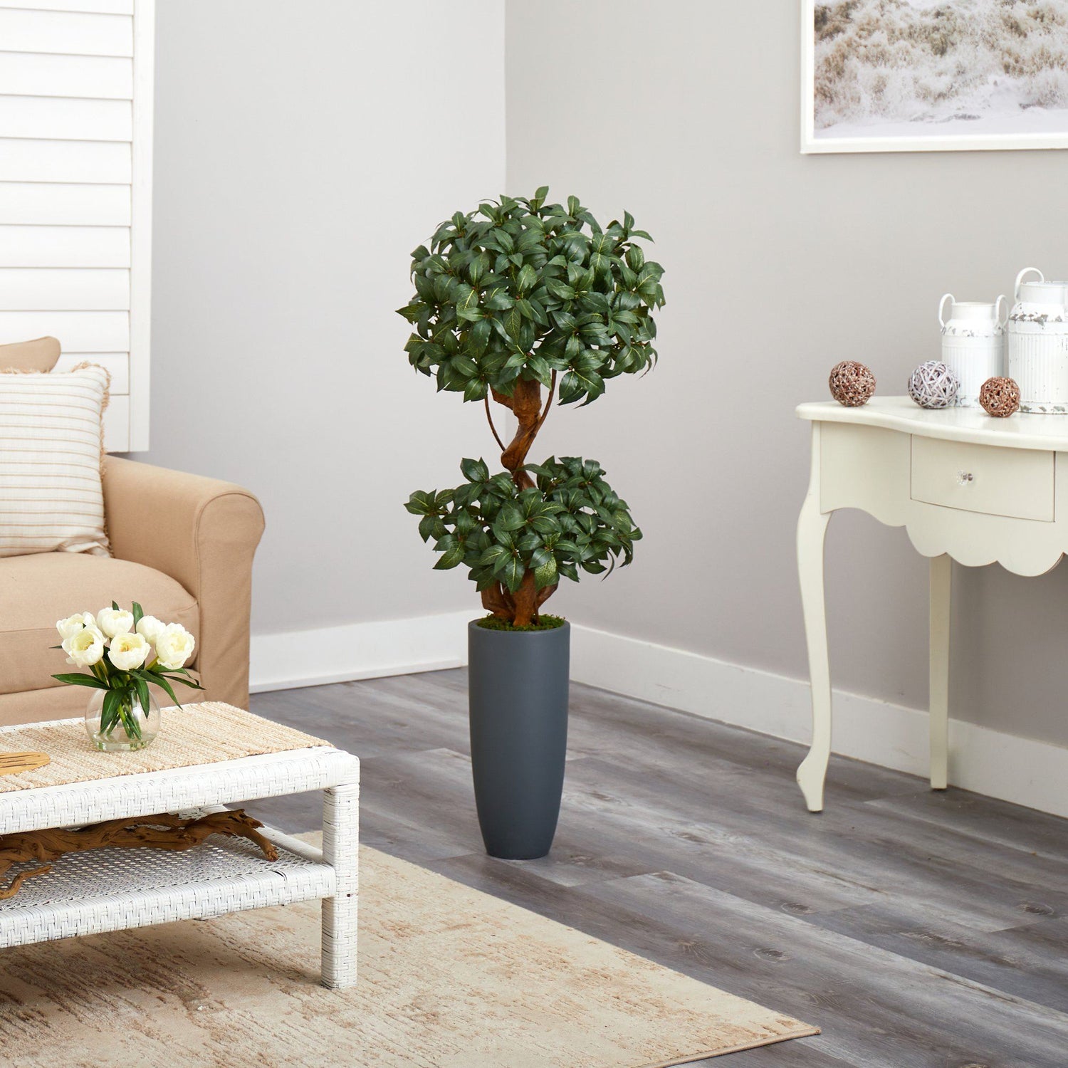 51” Sweet Bay Double Ball Topiary Artificial Tree in Gray Planter