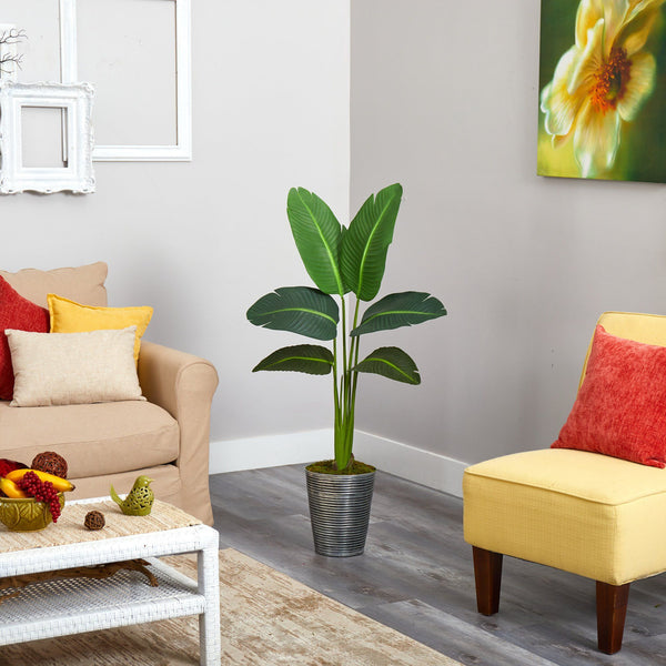 51” Traveler’s Palm Artificial Plant in Decorative Tin Planter (Real Touch)