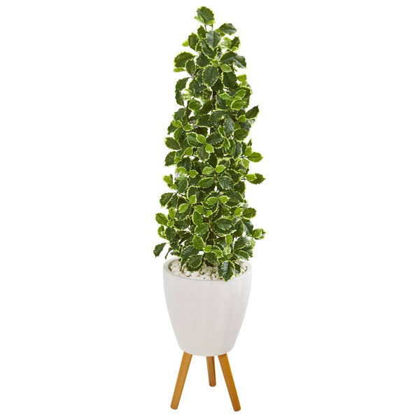 51” Variegated Holly Leaf Artificial Tree in White Planter with Stand (Real Touch)