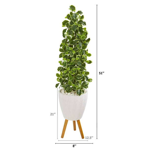 51” Variegated Holly Leaf Artificial Tree in White Planter with Stand (Real Touch)