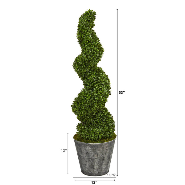 53” Spiral Hazel Leaf Artificial Topiary Tree in Black Embossed Tin Planter  (Indoor/Outdoor)