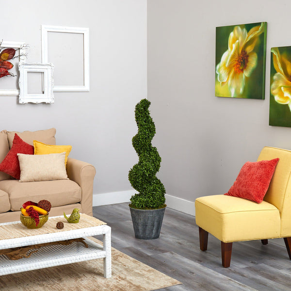 53” Spiral Hazel Leaf Artificial Topiary Tree in Black Embossed Tin Planter  (Indoor/Outdoor)