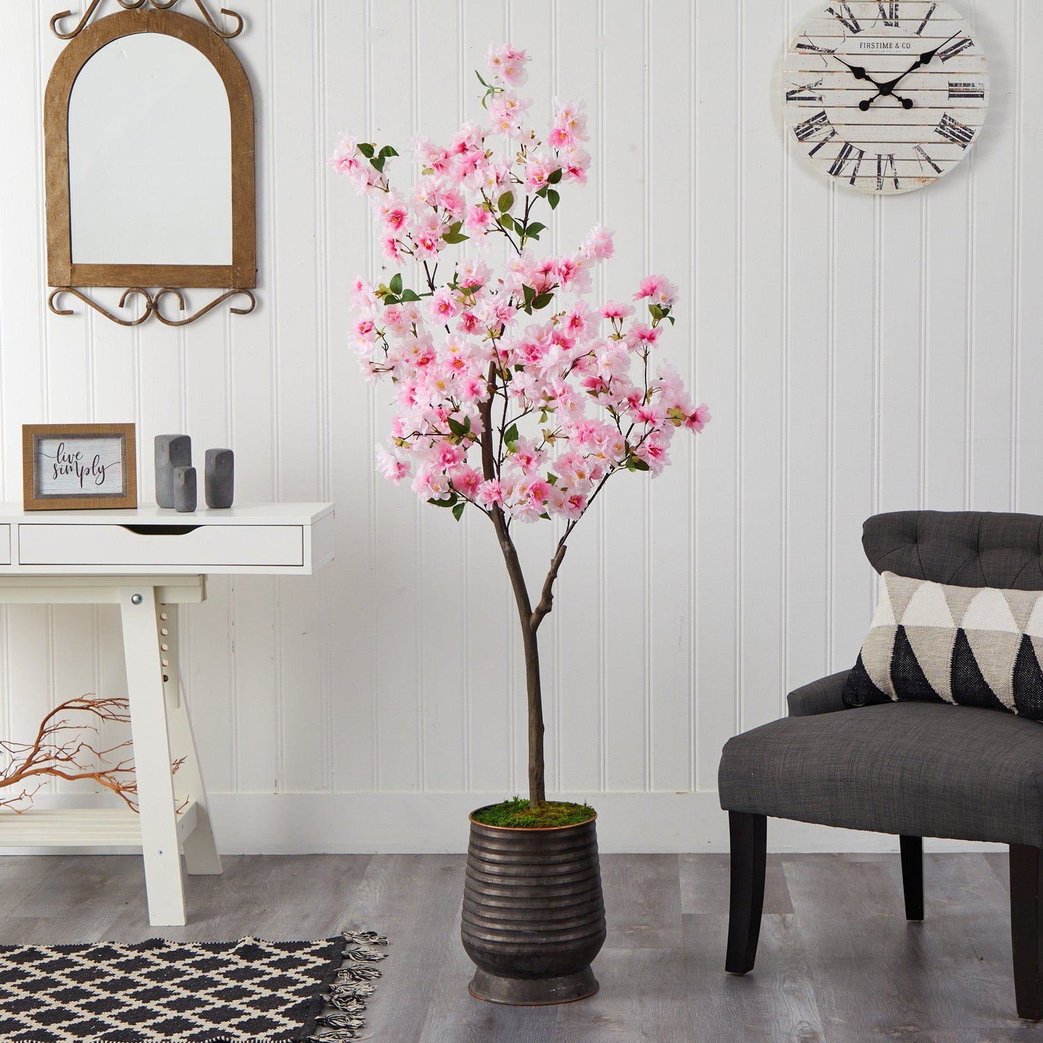 5.5’ Cherry Blossom Artificial Tree in Ribbed Metal Planter
