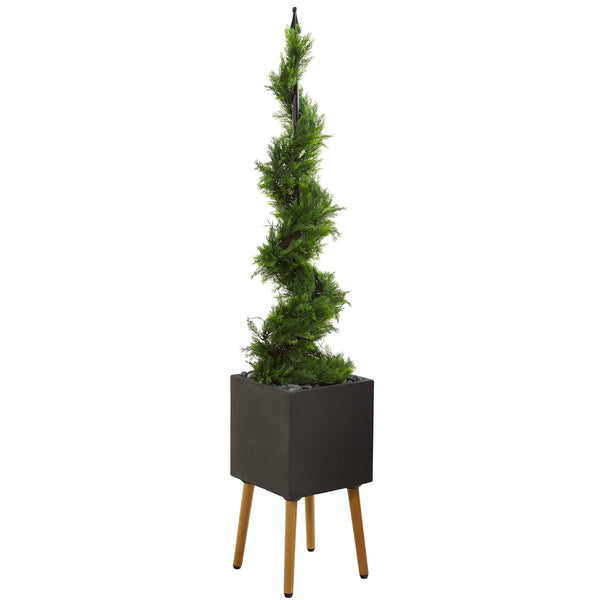 5.5’ Cypress Artificial Spiral Topiary Tree in Black Planter with Stand